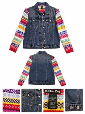 Vintage-Multicolor Knit Sleeves  Jean Jacket